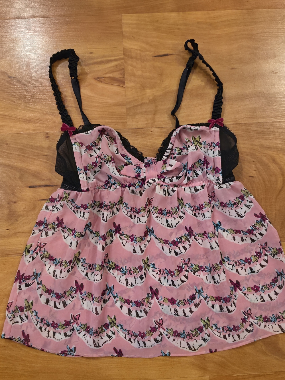 Betsey Johnson Pink Floral Bow-Accent Camisole Night Top Sz M